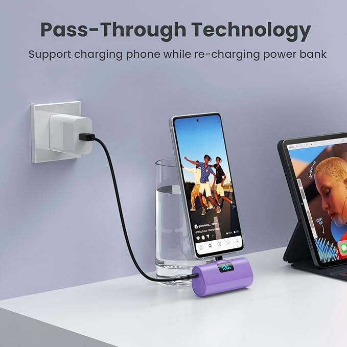 [2-Pack]Small Portable Charger 5200mAh, Upgraded PD USB C Power Bank Built-in USB-C Connector,LCD Display Battery Pack Compatible with iPhone 15/15 Plus/15 Pro/15 Pro Max/Samsung Android(Blue+Purple)