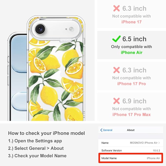MOSNOVO for iPhone Air Case | Military Grade 6.6ft Drop Tested | Camera Control | Clear with Lemon Design