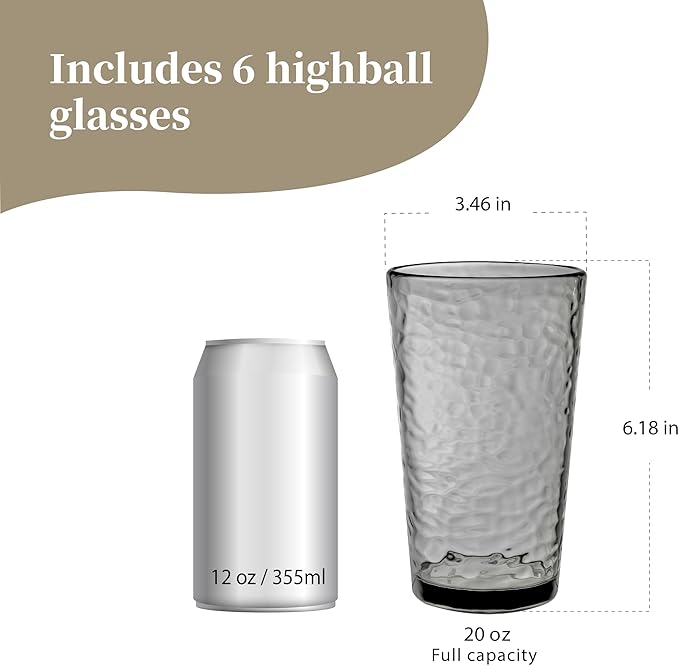 KLIFA- NICE- 20 ounce, Set of 6, Acrylic Highball Drinking Glasses, BPA-Free, Stackable Plastic Drinkware, Dishwasher Safe Cups, Gray
