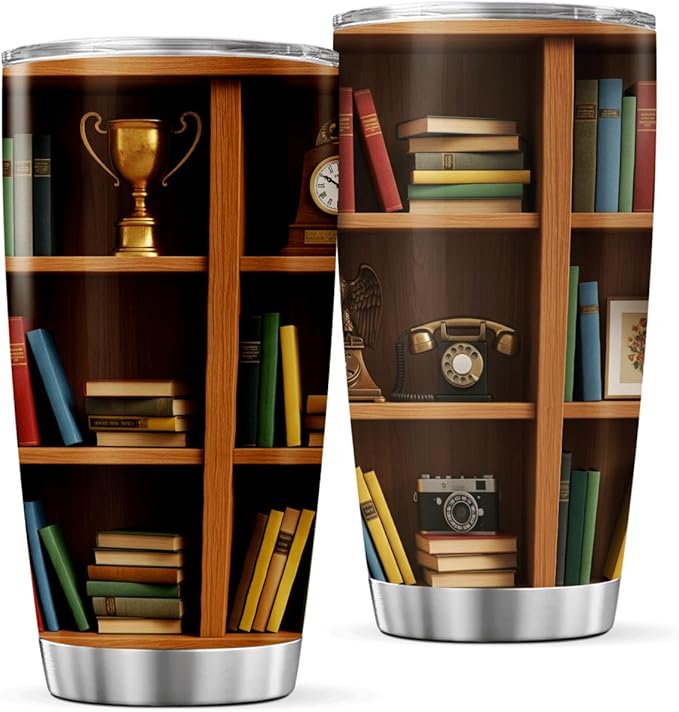 CUBICER Bookshelf Design Stainless Steel Tumbler 20 Oz For Book Lovers Teachers Librarians And Writers Gift Reading Enthusiasts Heat Coffee Iced Insulated Hot Cool Travel