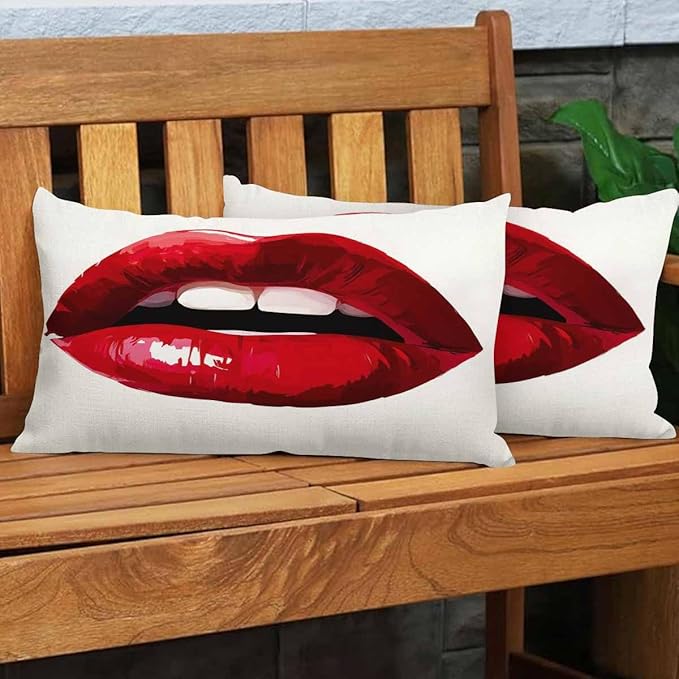 EKOBLA Sexy Biting Lips Farmhouse Oblong Rectangle Throw Pillow Covers Woman Red Lipstick Makeup Beauty Square Decorative Cushion Case for Couch Sofa Chair Bed Cotton Linen 12x20 Inch