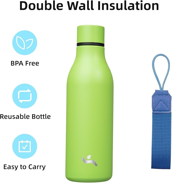 Konokyo Insulated Water Bottle with Strap,18 oz Double Wall Stainless Steel Vacuum Bottles Metal Water Flask,Green