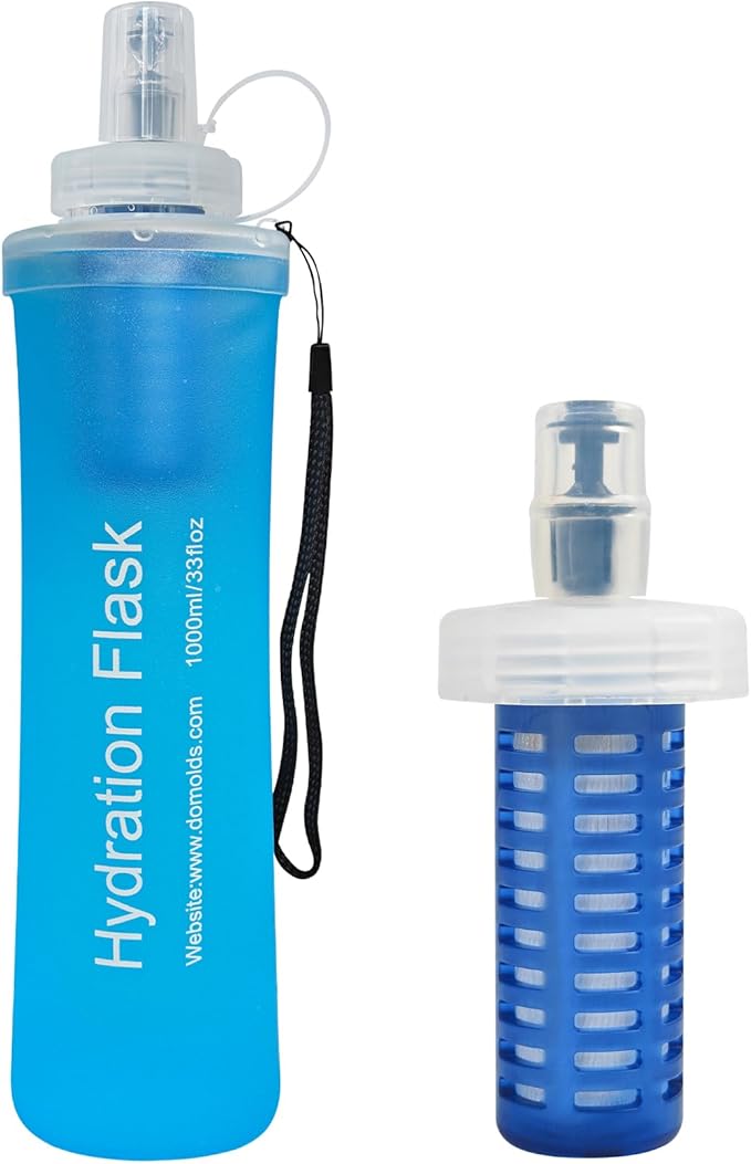 1L Soft Flask Water Bottle, Collapsible Water Bottle with Filter, Perfect for Hiking, Backpacking, and Camping - Blue