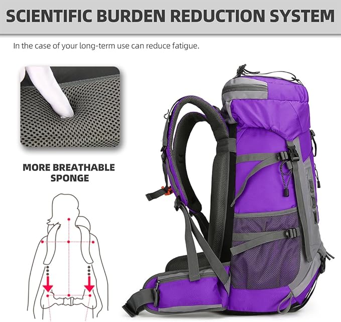 King'sGuard 60L Hiking Backpack for Men and Women Lightweight Camping Hiking Backpack with Rain Cover Large Waterproof Travel Backpack Backpacking Pack (Purple)