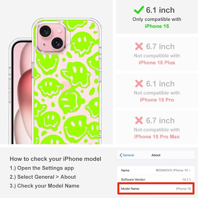 MOSNOVO Case for iPhone 15, [Buffertech 6.6ft Military-Grade Drop Protection] [Anti Peel Off Tech] Clear TPU Bumper Phone Case Cover Design - Distorted Green Smiles Face
