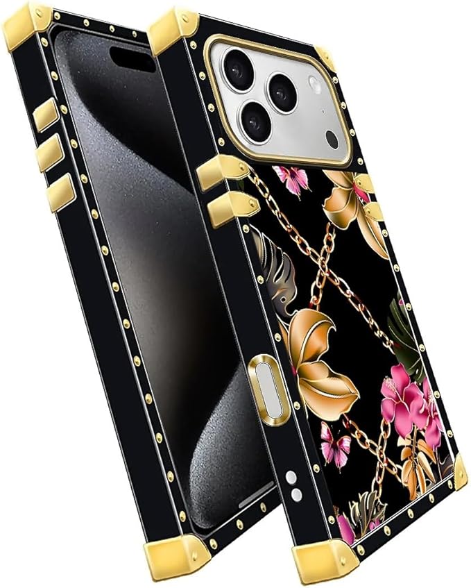 for iPhone 17 Pro Case Luxury Golden Decoration for Girl Women Soft TPU Shockproof Protective Hard PC Back for iPhone 17 Pro Crazy Pattern Pink Golden Chain Tropical Flower