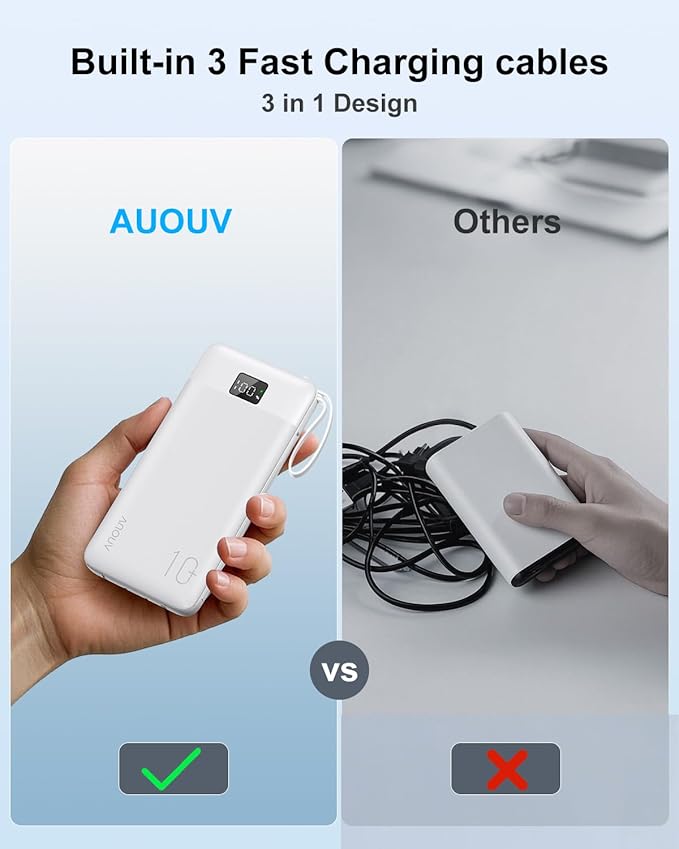 Portable Charger Built-in Cables and AC Wall Plug, 10000mAh 22.5W PD Fast Charging Power Bank, Lightweight Compact Battery Pack Travel Essentials for iPhone 17/16/15/14/13 Series,Samsung,Tablets