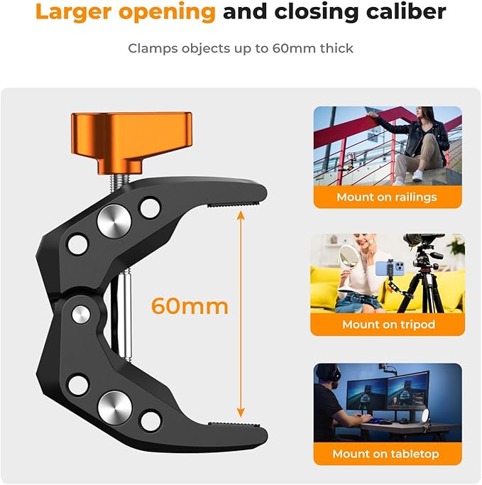 K&F CONCEPT Camera Mount Clamp, Super Crab Clamp with 1/4" Thread Holes, 60mm Max Opening for Round Pipe Flat Surface, Monitors, LED Lights, and Other Photographic Accessories