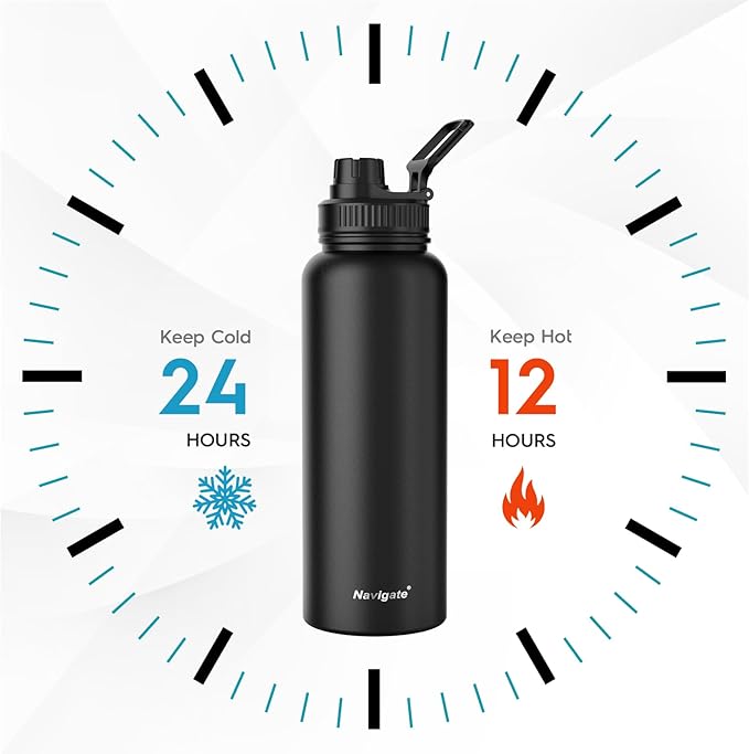 Navigate 40 oz Insulated Stainless Steel Sports Water Bottle with Spout & Handle Lids,Wide Mouth Water Jug with Double Walled Leak Proof Keep Cold for 24 Hrs Hot for 12 Hrs,Black
