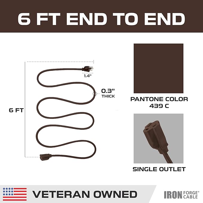 Iron Forge Cable Outdoor Brown Extension Cord 6 ft - 16 Gauge 13 Amp Heavy Duty Brown Outdoor Extension Cords 3 Prong - 16/3 SJTW - Great for Outdoor