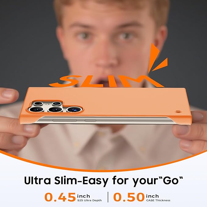 GRECAZO Slim Borderless for Samsung Galaxy S25 Ultra Phone Case 6.9"(2025) Ultra-Thin Lightweight Frameless Matte Hard PC Cover Case with Pull Ring Minimalist Non Slip Rope-Orange