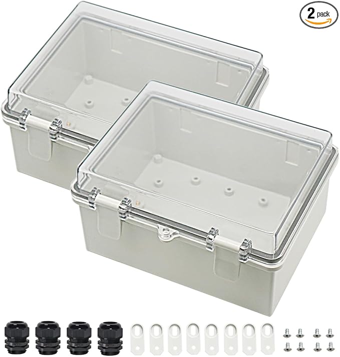 Zulkit 2pcs Junction Box ABS Plastic Dustproof Waterproof IP65 Electrical Boxes Hinged Shell Outdoor Universal Project Enclosure Clear Cover with 2 Cable Glands 8.7 x 6.7 x 4.3 inch (220x170x110 mm)