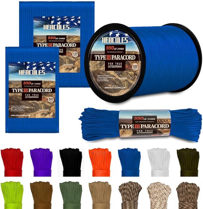 HERCULES Type III Paracord 550 Paracord Rope Parachute Cord, 50' Royal Blue for Survival Rope, Survival Cord