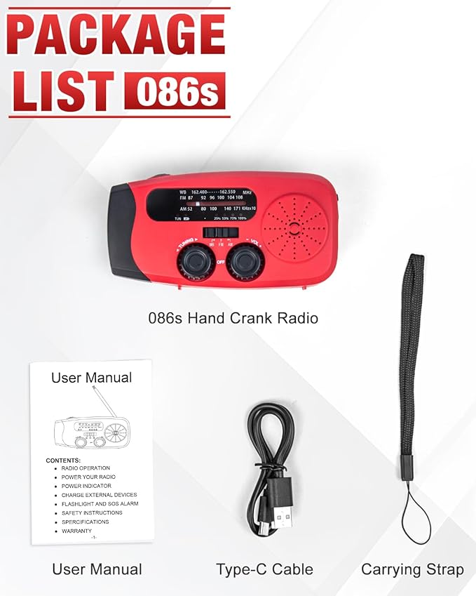Emgykit 086S Hand Crank Emergency Radio - 2000mAh/7400mWh AM/FM/NOAA Solar Hand Crank Emergency Radio with 3 LED Flashlight, SOS Function for Emergencies, Camping - Red
