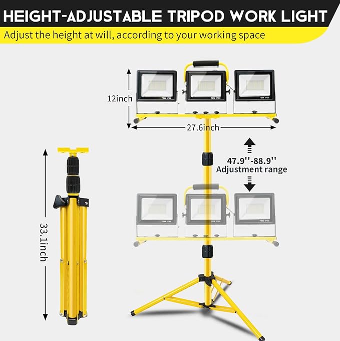 21000 LM LED Work Light with Stand, 3-Head Adjustable Portable Tripod Light with Individual Switches, IP66 Waterproof, 16.4FT Cord for Garage Workshop Job Site Construction Indoor Outdoor Lighting