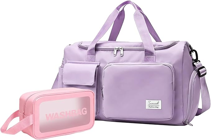 Suruid Gym Bag for Women Men, Travel Duffle Bag Large Capacity Carry On Weekender Bag With Shoe Compartment Gym Tote Dry Wet Separation Duffel Bag with Makeup Bag, Purple