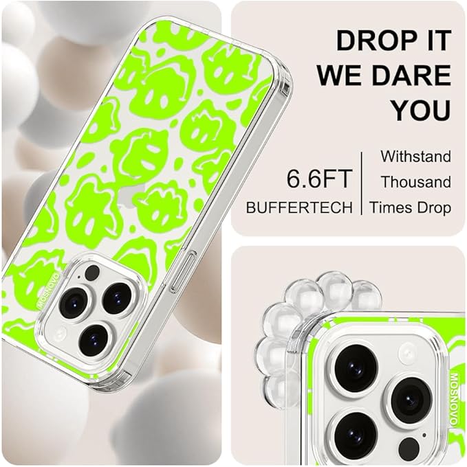 MOSNOVO Case for iPhone 15 Pro, [Buffertech 6.6ft Military-Grade Drop Protection] [Anti Peel Off Tech] Clear TPU Bumper Phone Case Cover Design - Distorted Green Smiles Face