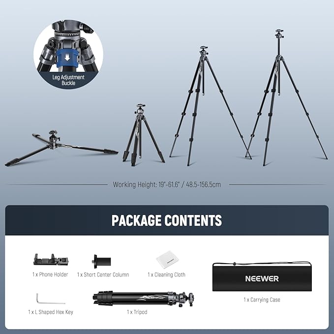 NEEWER LITETRIP LT07 61" Aluminum Travel Camera Tripod, Portable Stand with Ball Head Dual Axis Cell Phone Holder Arca QR Plate Compatible with iPhone for Video Recording, Max Load 22lb