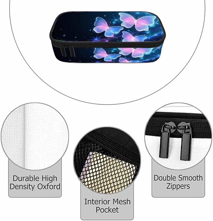 Glowing Butterflies Pencil Bag Sparkle Stars Bright Dark Blue Big Capacity Pencil Case Pencil Pouch Pen Bag School Students Boy Girl
