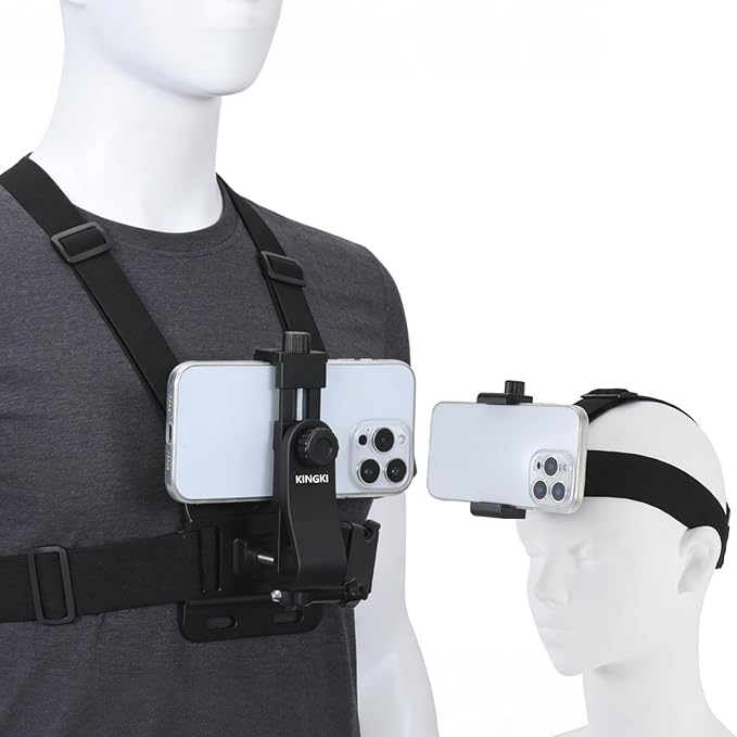 KINGKI Mobile Phone Chest Strap Harness Mount Head Strap Holder Kit for POV/VLOG,Cell Phone Clip Compatible with iPhone,Samsung,GoPro Hero 12, 11,10, 9, 8, AKASO,DJI Osmo,and Action Cameras…