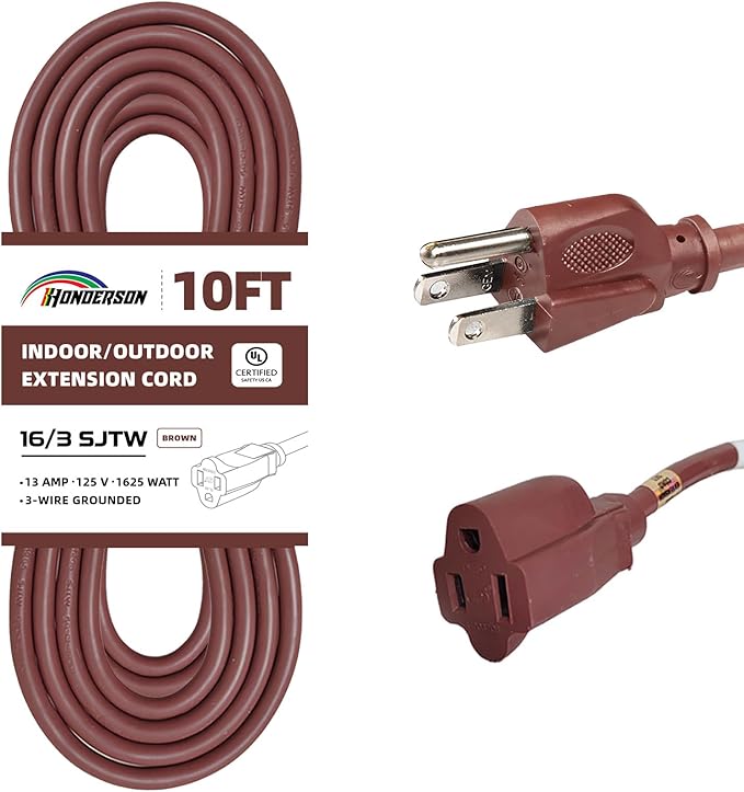 10FT Brown Outdoor Extension Cord-16/3 SJTW Durable Extension Cord for Christmas Lights with 3 Prong Grounded Plug, Great for Outside Christmas Decorations