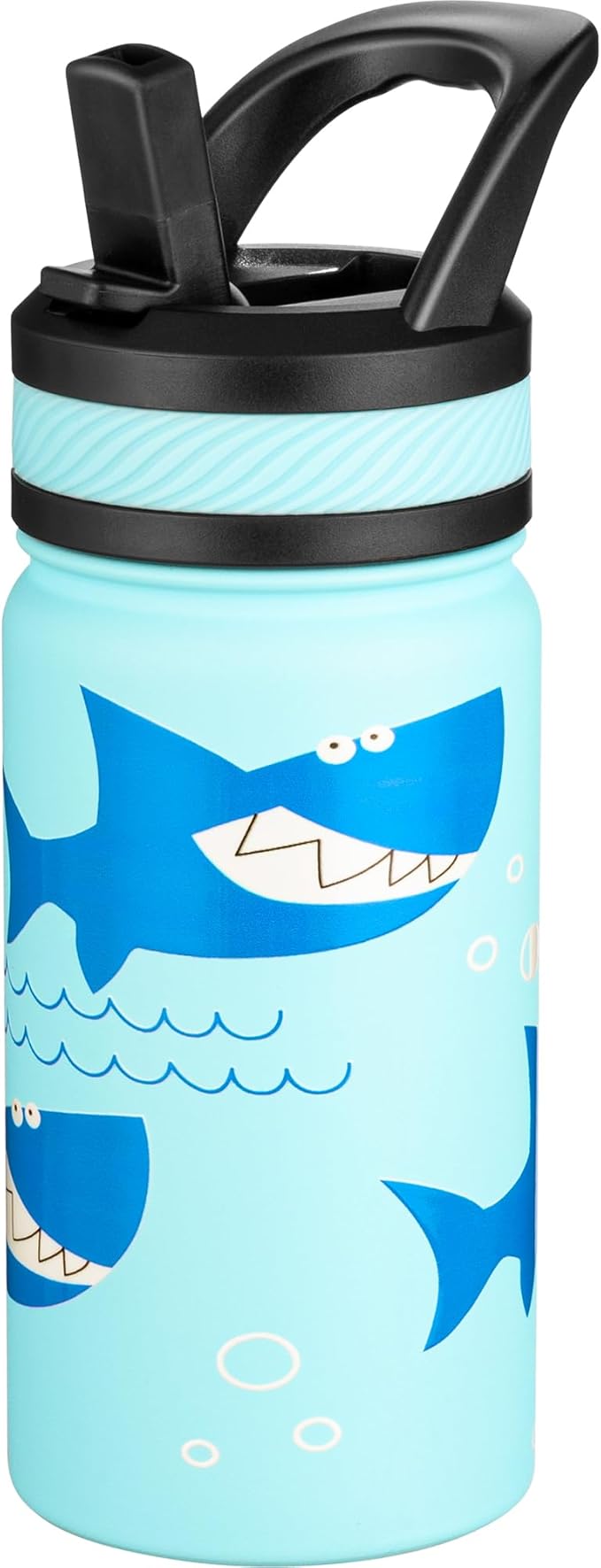 Fanhaw 14 Oz Kids Insulated Water Bottle with Straw - Stainless Steel Double Wall Vacuum Cup, Leakproof, BPA Free, Suitable for Boys and Girls(Pale Blue - Big Shark)