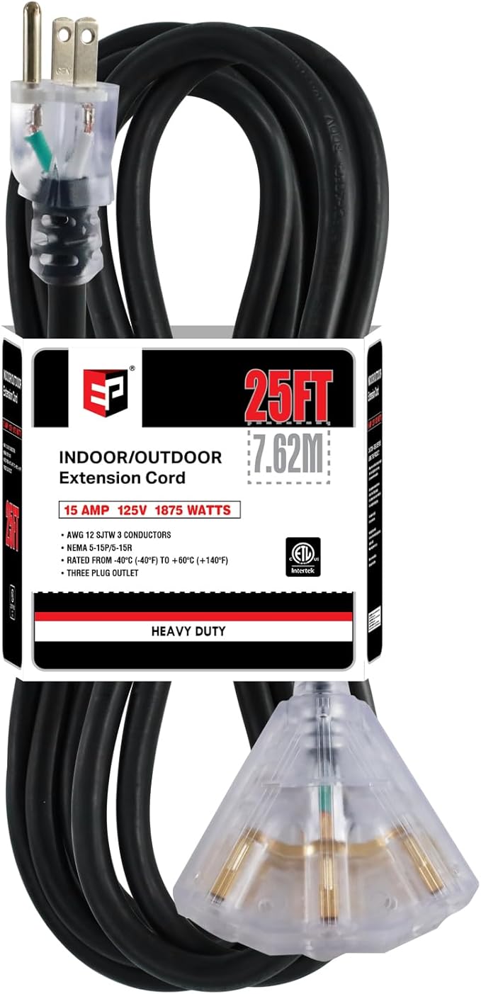 EP 25 Ft 12 Gauge Heavy Duty Extension Cord, 15A 125V 1875W, 3 Outlet Indoor/Outdoor Power Cord with Lighted End, 12/3 SJTW Weatherproof Black