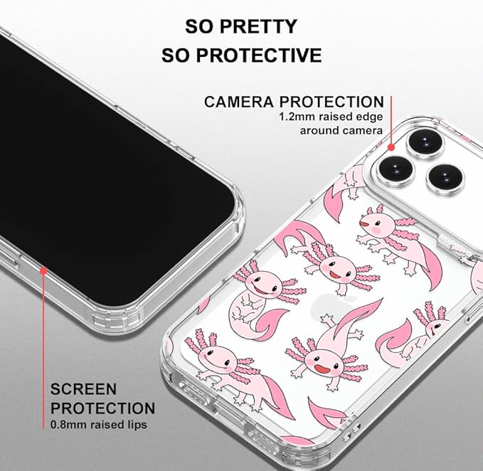 MOSNOVO for iPhone 17 Pro Max Case | Military Grade 6.6ft Drop Tested | Camera Control | Clear with Pink Axolotl Design