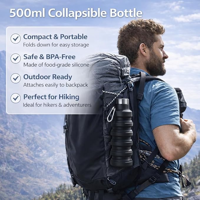Collapsible Water Bottles,16oz Capacity Portable Reusable Silicone Water Bottle,Leak-proof,with buckle,foldable storage,Lightweight Durable for Fitness,Cycling,Sports,Camping,Hiking (Grey)