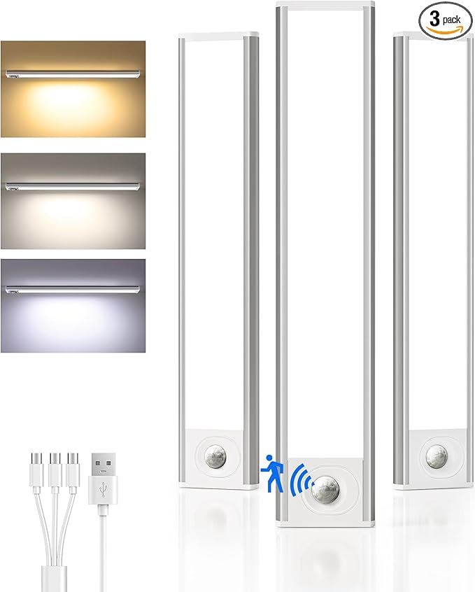 8inch Under Cabinet Lighting Wireless, 3-Pack Rechargeable Battery Motion Sensor Light Indoor, LED Closet Lights USB Charging, 3 Color Dimmable Under Cabinet Lights for Kitchen, Cabinet, Wardrobe.