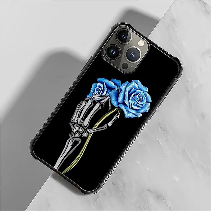 for iPhone 15 Pro Case, Skeleton Holding Blue Rose Pattern Graphic Design Girl Boy Soft Silicone Hard Acrylic Shock Protection for iPhone 15 Pro