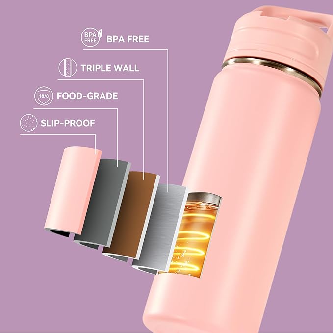 Fijinhom 24oz Insulated Stainless Steel Water Bottle with Straws, Double Wall Vacuum Insulated Bottles, Metal Thermo for Travel, Sports, Leak-Proof, BPA Free, Women & Men, Pink