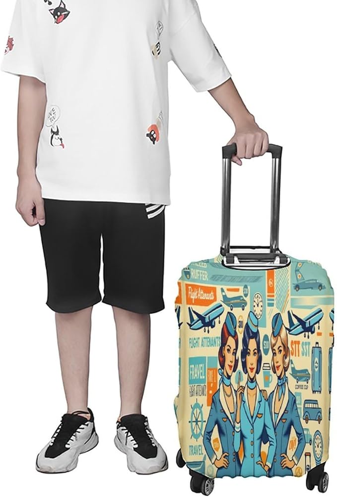 Flight Attendants Travel Vintage Style Retro Stretch Luggage Cover, Washable Suitcase Protector Fits 22-24in Cases, Secure Fit for Carry On Checked Bags, Travel Essentials