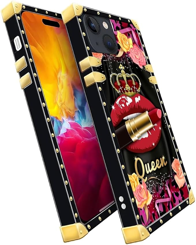 Compatible with iPhone 15 Case, Queen Lip Crown Leopard Print Luxury Golden Decoration for Girl Women Soft TPU Shockproof Protective Hard PC Back for iPhone 15