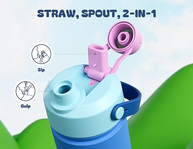 12 oz Kids Insulated Water Bottle for School: 2-in-1 Straw Spout Lid, Leakproof, BPA-Free, Keep Cold 24H, Reusable Stainless Steel Cup for Travel, Camping, Birthday Gift for Boys Girls (Ohana Blue)