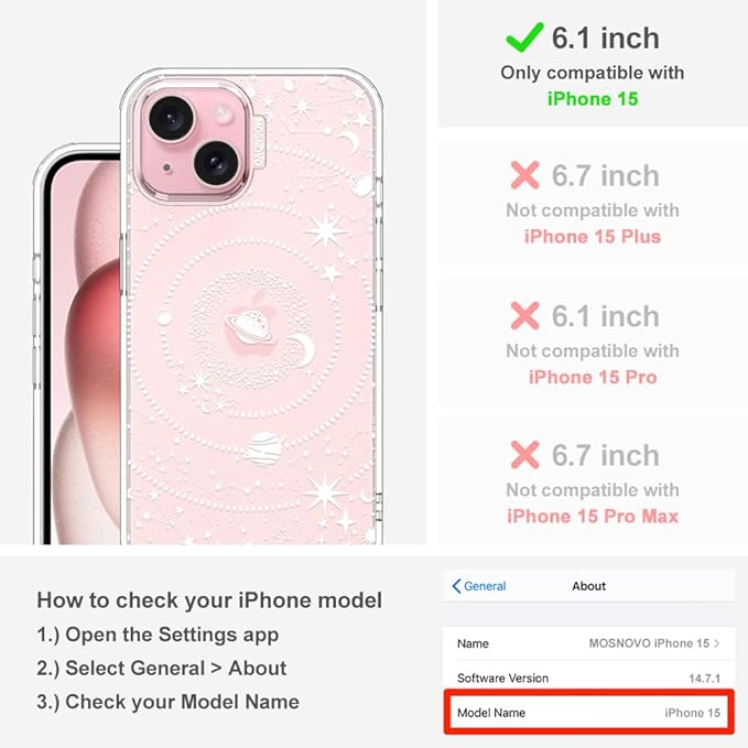 MOSNOVO Case for iPhone 15, [Buffertech 6.6ft Military-Grade Drop Protection] [Anti Peel Off Tech] Clear TPU Bumper Phone Case Cover Design - Galaxy