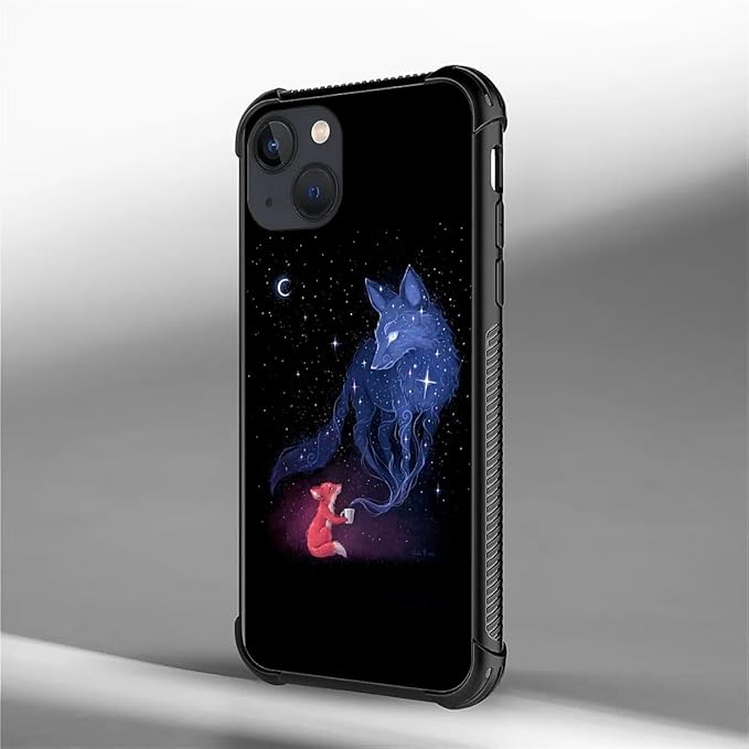 for iPhone 13 Mini Case, Galaxy Fox Wolf Pattern Graphic Design Girl Boy Soft Silicone Hard Acrylic Shock Protection for iPhone 13 Mini