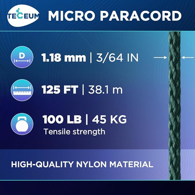 TECEUM Micro Paracord – 1.18 mm X 125 ft – Micro Utility Cord – Thin Braided Paracord Rope – Best for Crafting, DIY Projects, Fishing, Camping – Wind Chime Replacement – Survival Strong String