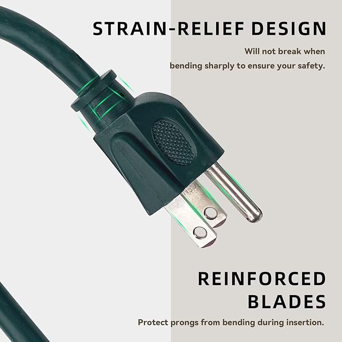 12ft Outdoor Extension Cord for Christmas Decorations- 16/3 Heavy Duty SJTW Waterproof Green Electrical Cable with 3 Prong Grounded Plug for Safety, Great for Lawn and Major Appliances