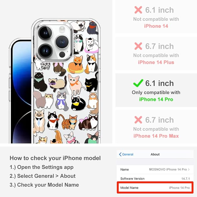 MOSNOVO Case for iPhone 14 Pro, [Buffertech 6.6ft Military-Grade Drop Protection] [Anti Peel Off Tech] Clear TPU Bumper Phone Case Cover Design - Cute Cats