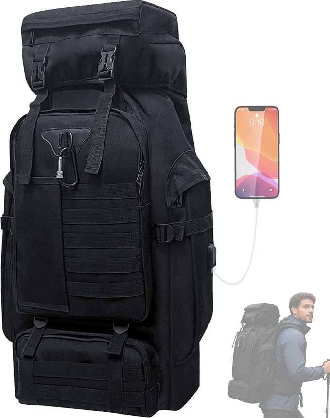 80L Camping Hiking Backpack, Large Military Tactical Backpack with USB Charging Port, Waterproof Travel Daypack With Carabiner Outdoor MOLLE Rucksack for Men Women (Black)