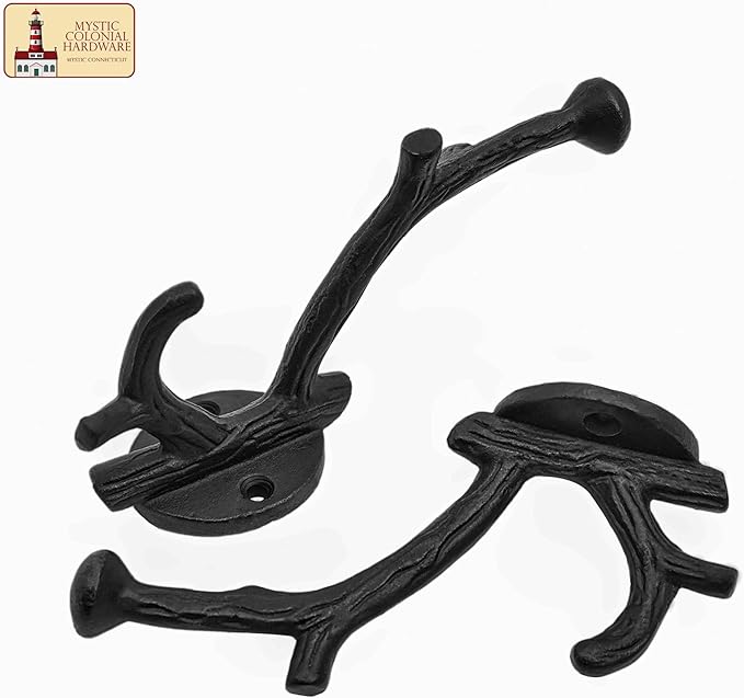 Mystic Colonial Rustic Cast Iron Wall Hooks, Heavy Duty Retro Utility Hooks for Hanging Coat, Bag, Towel, Robe, Hat and More, Pack of 2, Black