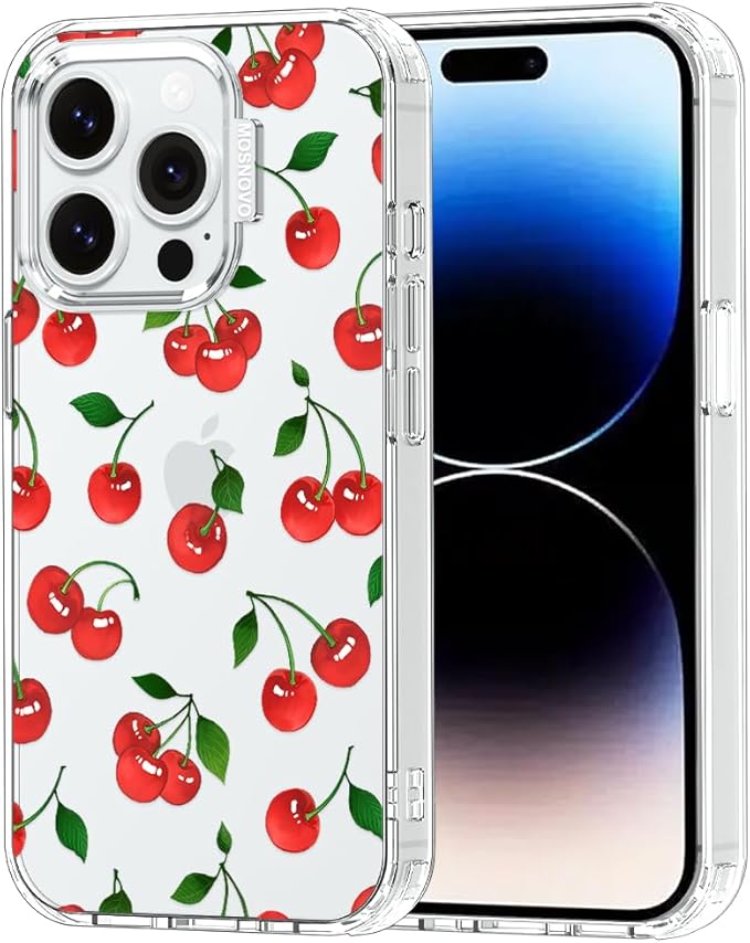 MOSNOVO Case for iPhone 14 Pro, [Buffertech 6.6ft Military-Grade Drop Protection] [Anti Peel Off Tech] Clear TPU Bumper Phone Case Cover Design - Cute Cherry