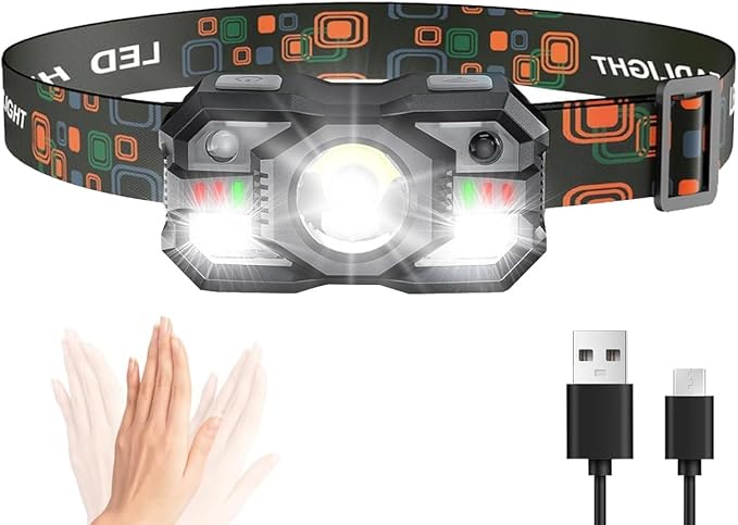 Skylla Headlamp Rechargeable,1200 Lumen Ultra Bright LED Head Lamp Flashlight with White Red Light,Motion Sensor Waterproof Headlight, 5 Modes Lights for Outdoor Camping Fishing Running