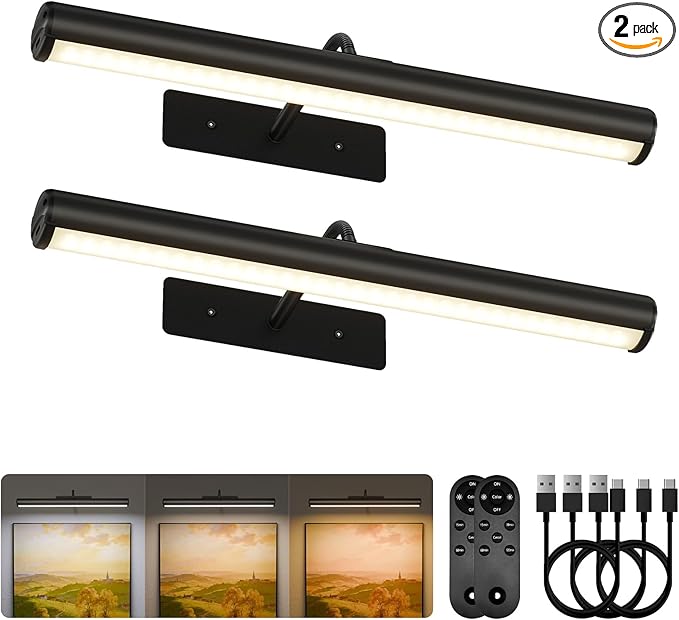 EZVALO 16in Picture Lights for Wall, Rechargeable 6000mAh Cordless Art Lights with Remote, 3 Color Temperatures LED Painting Lights for Artwork, Frames, Gallery (Black, 2Pack)