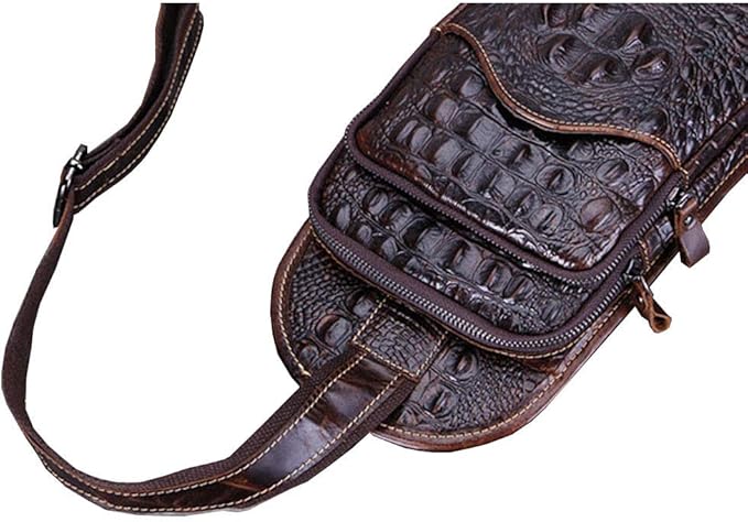 Hebetag Crocodile Genuine Leather Sling Crossbody Bag for Men Travel Outdoor Hunting Hiking Camping Shoulder Chest Pack Backpack Daypack Coffee