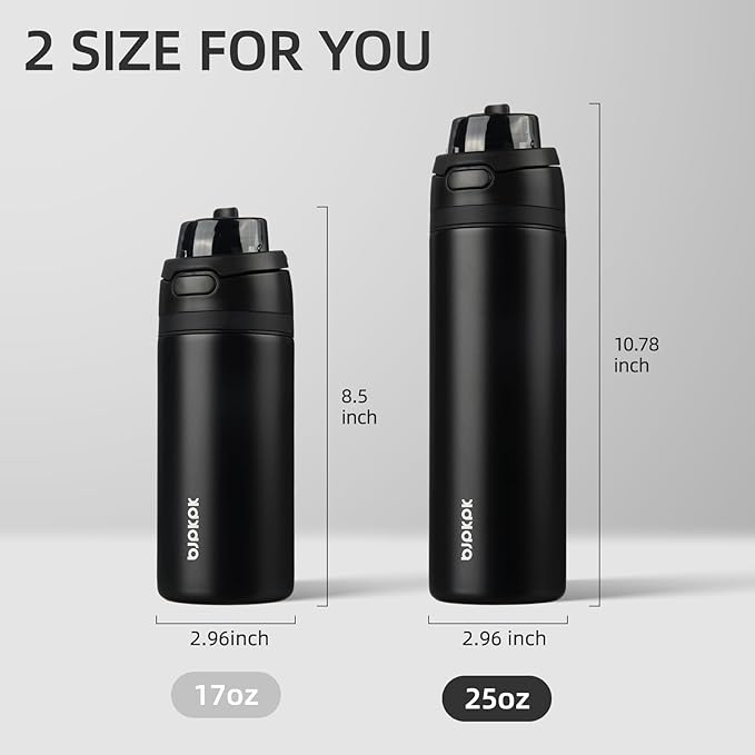 BJPKPK 25oz Insulated Water Bottle with 2-1 Straw Spout Lid, Stainless Steel Metal Water Bottles with Carry Handle, BPA Free, Leak-Proof, Fits in Car Cup Holder, Thermo for Sports,Black