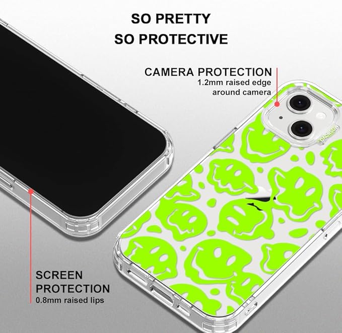MOSNOVO for iPhone 13/14 Case | Military Grade 6.6ft Drop Tested | Clear with Distorted Green Smiles Face Design