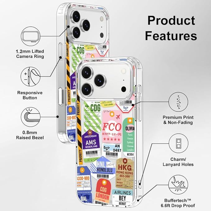 MOSNOVO for iPhone 17 Pro Max Case | Military Grade 6.6ft Drop Tested | Camera Control | Clear with Air Ticket Labels Design