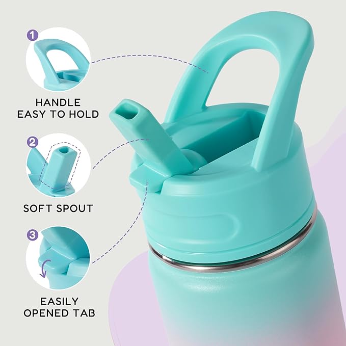 Fijinhom 12oz Water Bottle for School, Water Bottles with Straws, Insulated Water Bottles, Stainless Steel Vacuum Insulated Bottle, Leak-Proof, BPA-Free, Aurora + Bubble Gum